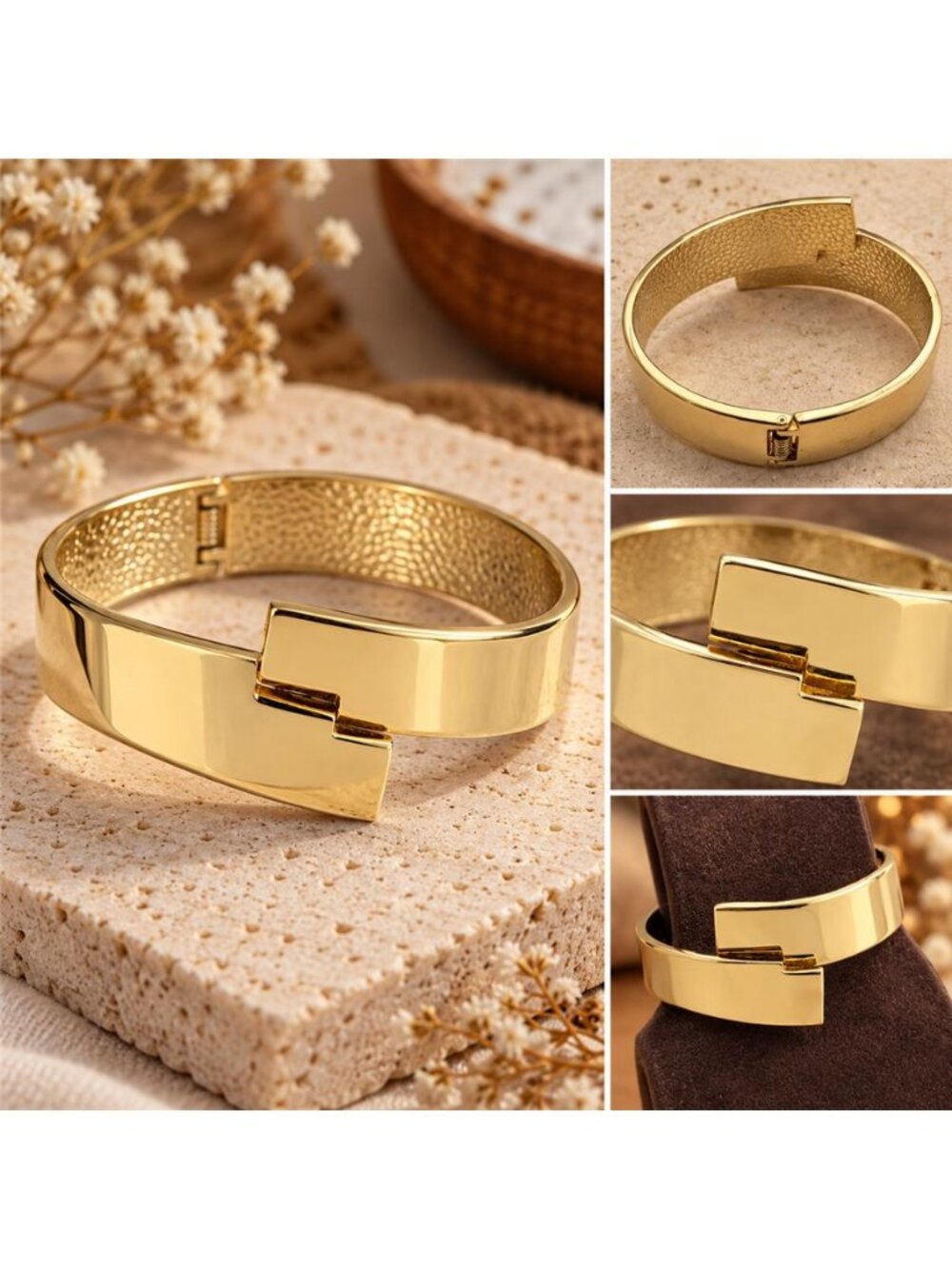 Gold Tone Geometric Bypass Hinged Bangle Bracelet Wide Modernist Statement 6.5"